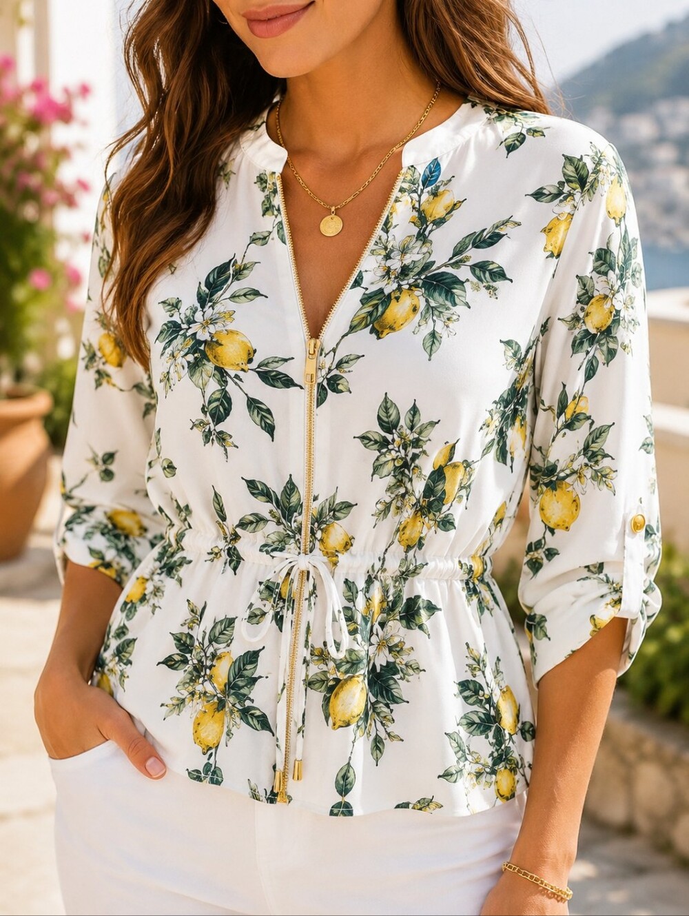 Stella Tweed Lemon Print Peplum Blouse L Amalfi Coast Citrus Resort Top